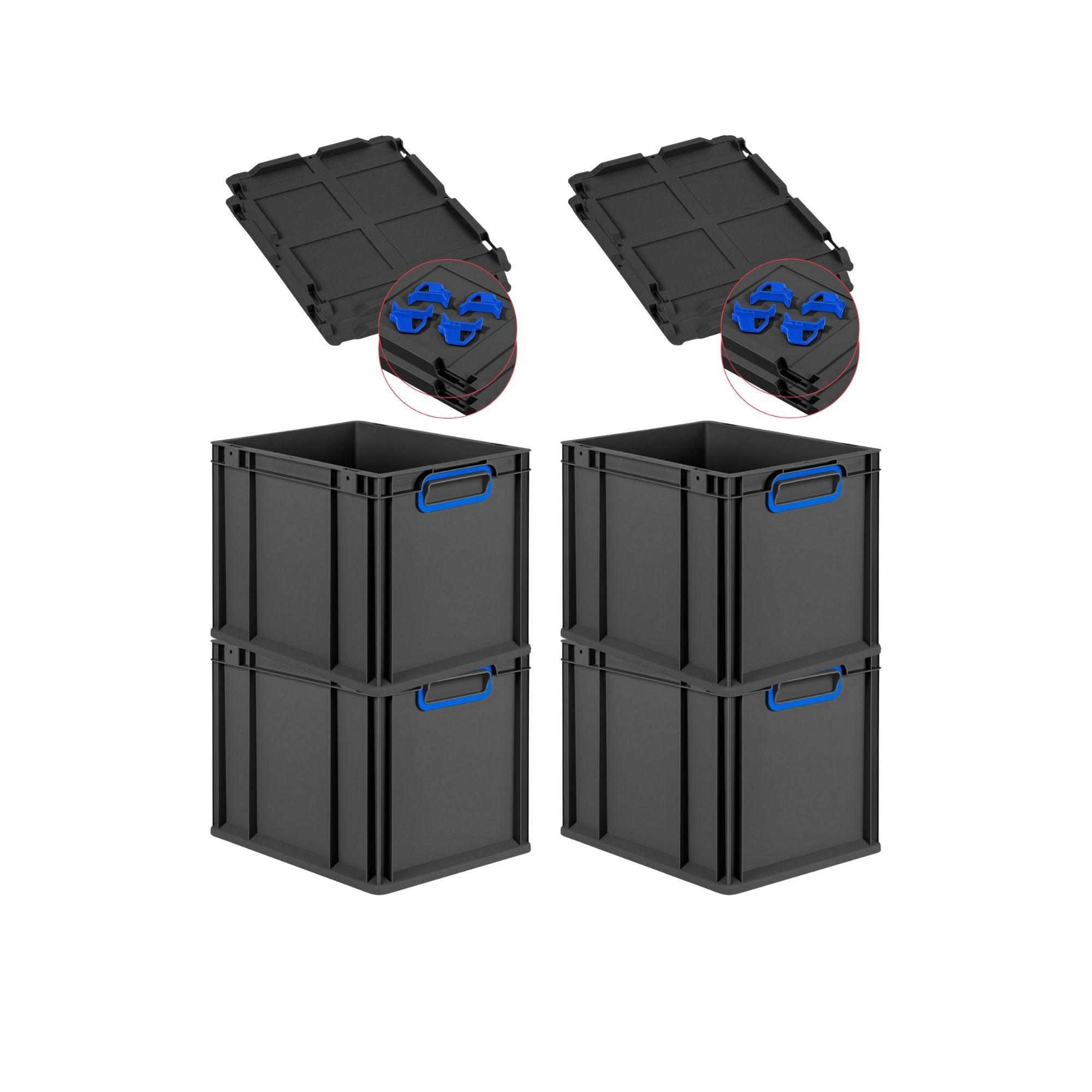 EUROBOX 4x NextGen Color mit Auflagedeckel 32x30x40 cm 30 Liter Schwarz Griffe blau zu - Blau/Schwarz, Kunststoff (30/32/40cm) - PROREGAL
