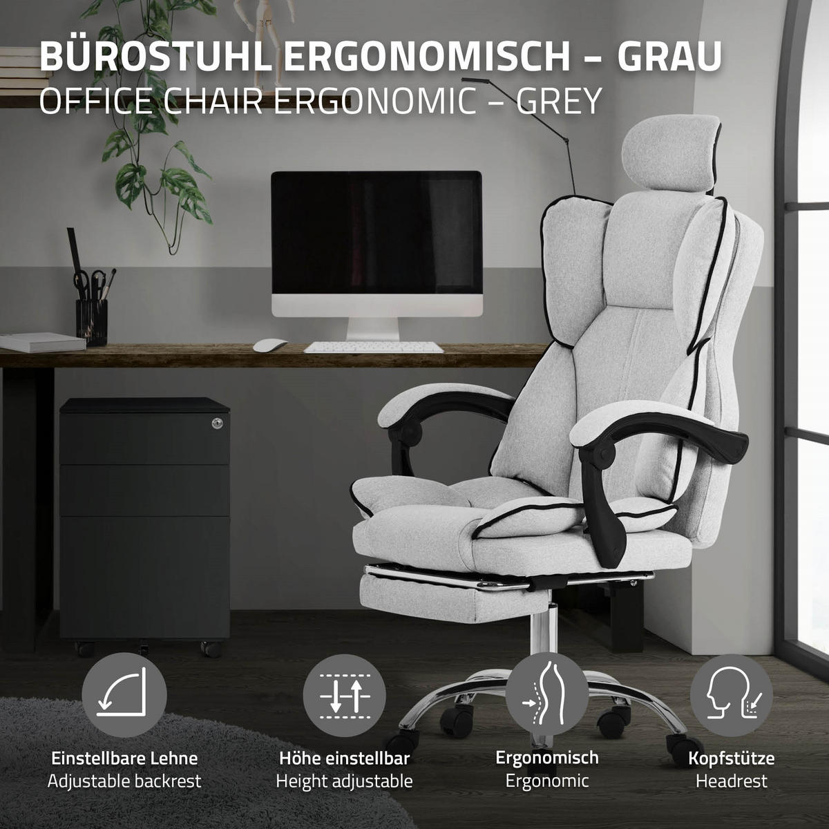 BÜROSTUHL - Hellgrau, Metall (66/130.5/59cm) - ML-DESIGN