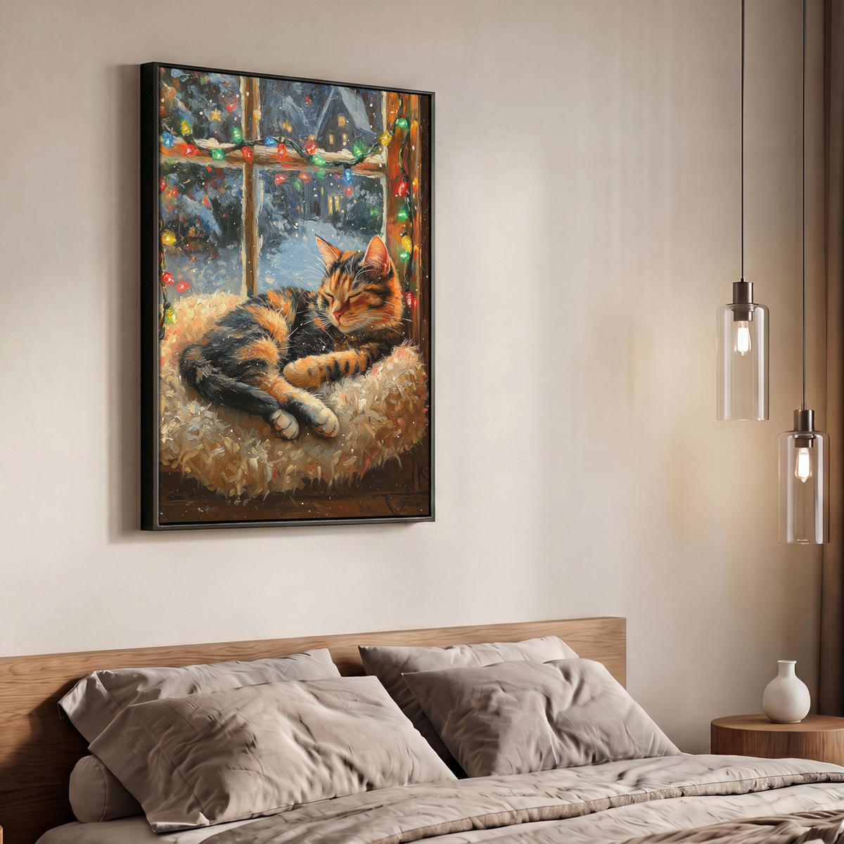 LEINWAND Bilder mit Rahmen - Katze - Weihnachten - Winter - Tier - 70x100 - Bernsteinfarben, Textil (70/100cm) - MuchoWow