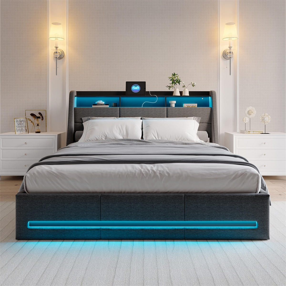 POLSTERBETT 160x200 cm - mit LED-Beleuchtung (Kopf- & Fußteil), USB-Ladefunktion und hydraulischem Bettkasten - Grau - Grau, Textil (160/200cm) - DELFA