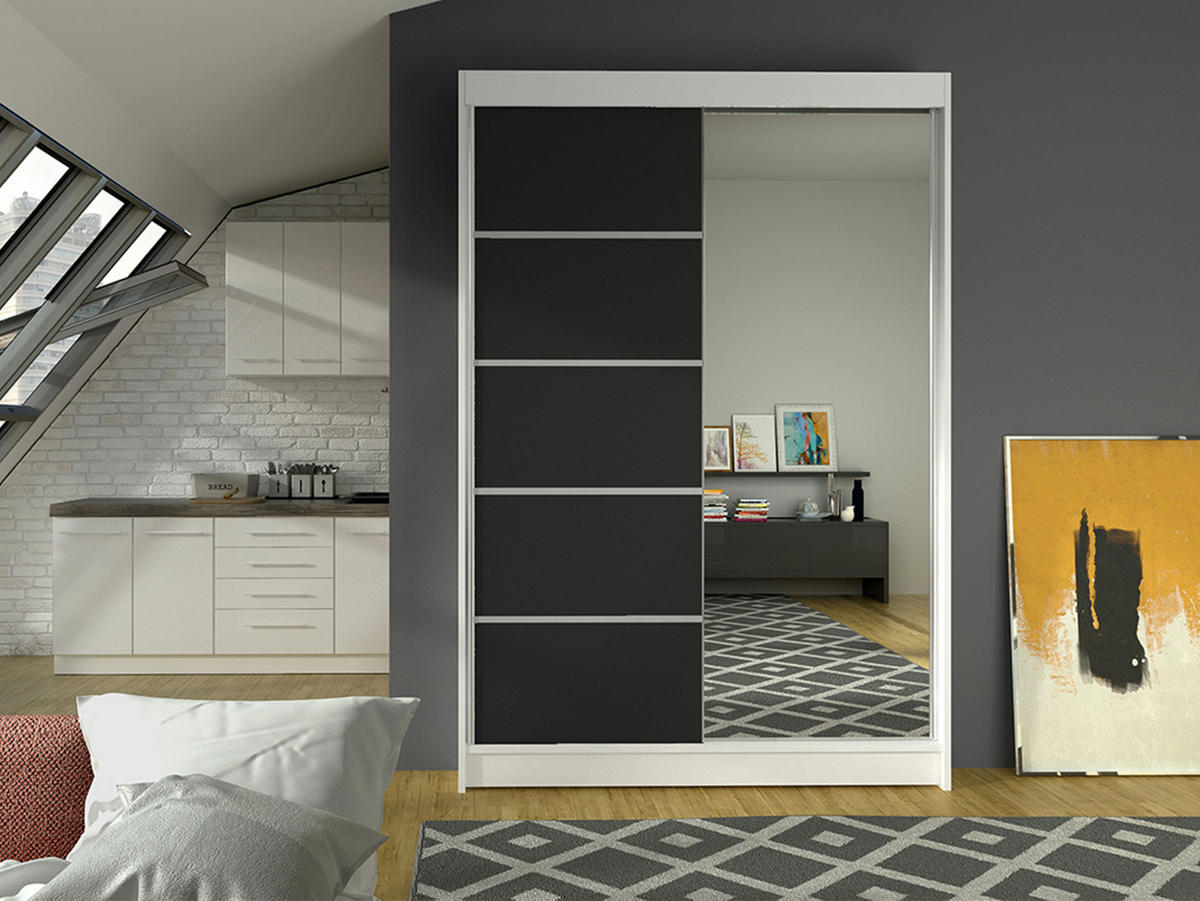 SCHWEBETÜRENSCHRANK Lino III - Schwarz/Weiß, Holzwerkstoff/Metall (120/200/58cm) - MIRJAN24