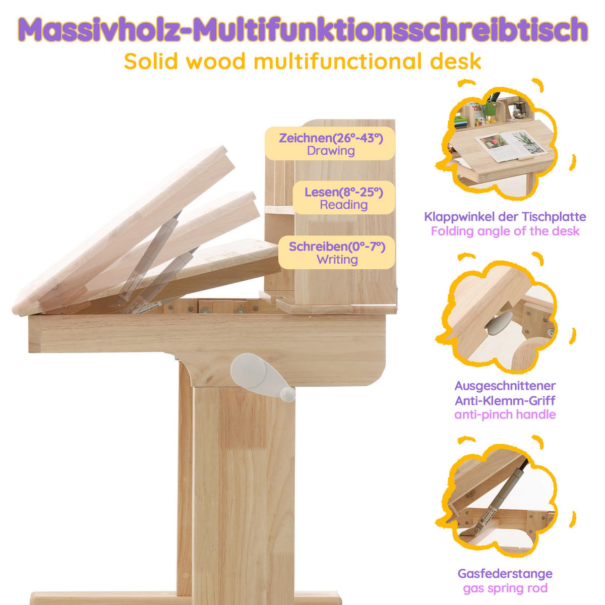 SCHREIBTISCH Naturfarben 92/60/89 cm höhenverstellbar Massivholz - Naturfarben, Holz (60/92/89cm) - PANGIVO