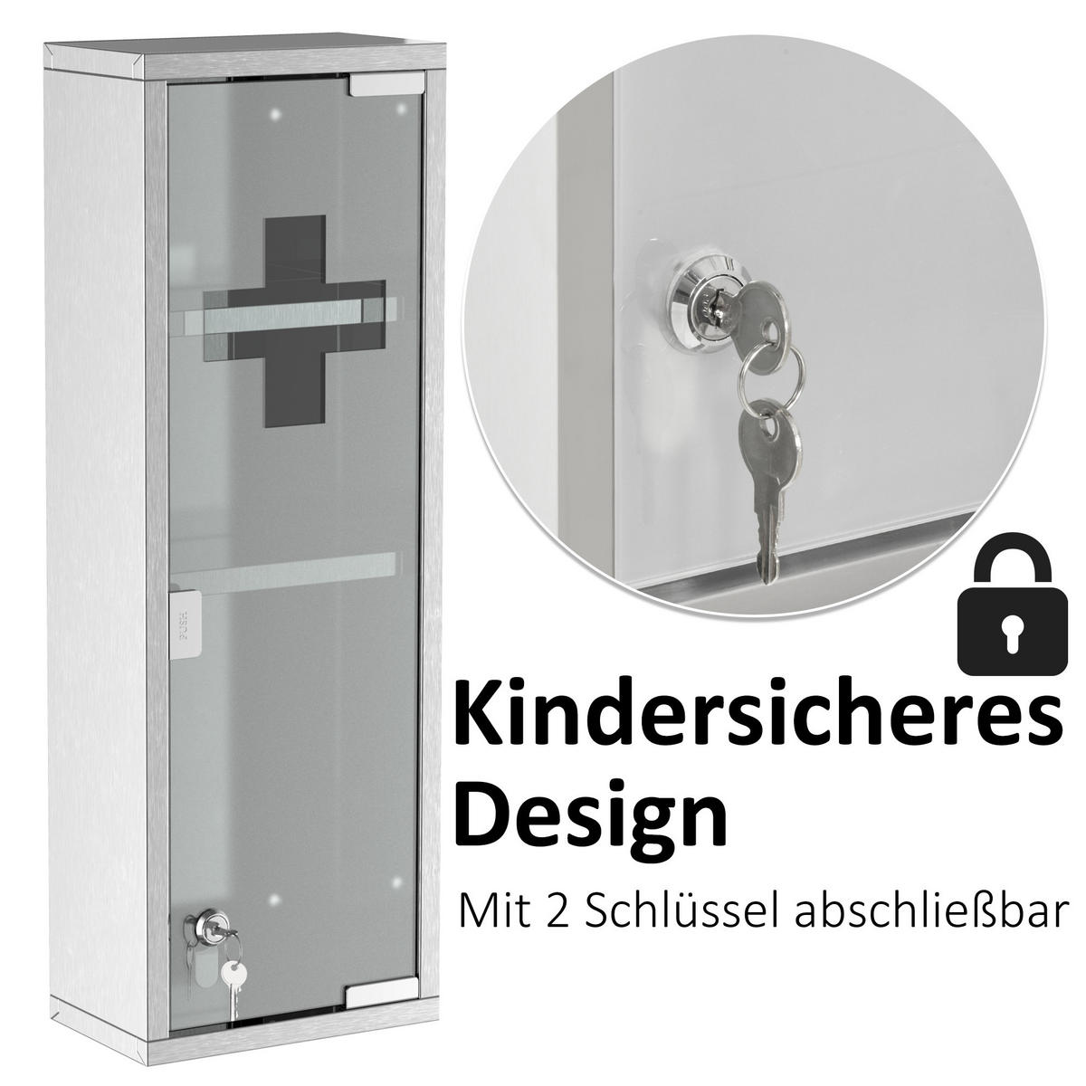 MEDIZINSCHRANK, Mattglas, 430 Edelstahl+gehärtete Glastür, Silber - Silberfarben, Glas (12/58/20cm) - Kleankin