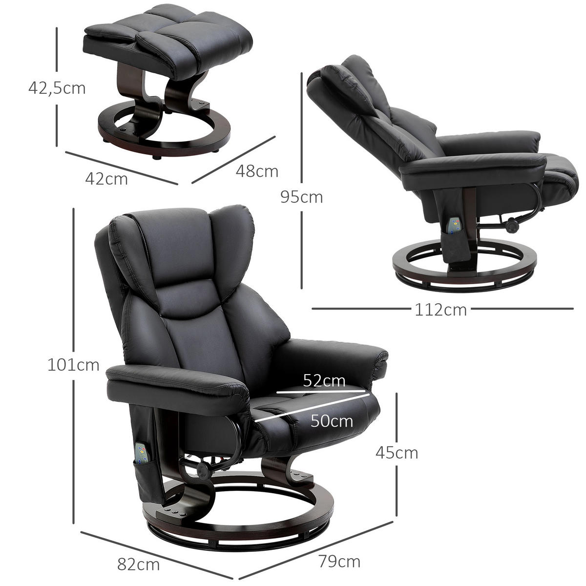 RELAXSESSEL Massagesessel mit Fußhocker Liegefunktion Schwarz 79 x 82 x 101 cm - Schwarz, Holz/Metall (82/101/79cm) - HOMCOM