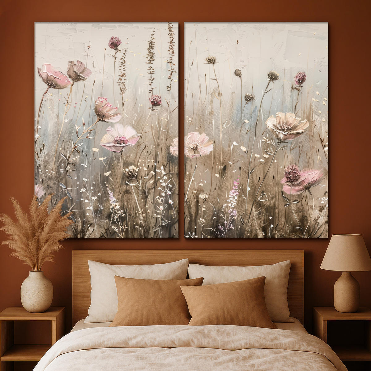 LEINWANDBILD 2er Set Blumen - Beige - Modern - Rosa 240x180 cm - Ecru, Textil (240/180cm) - MuchoWow
