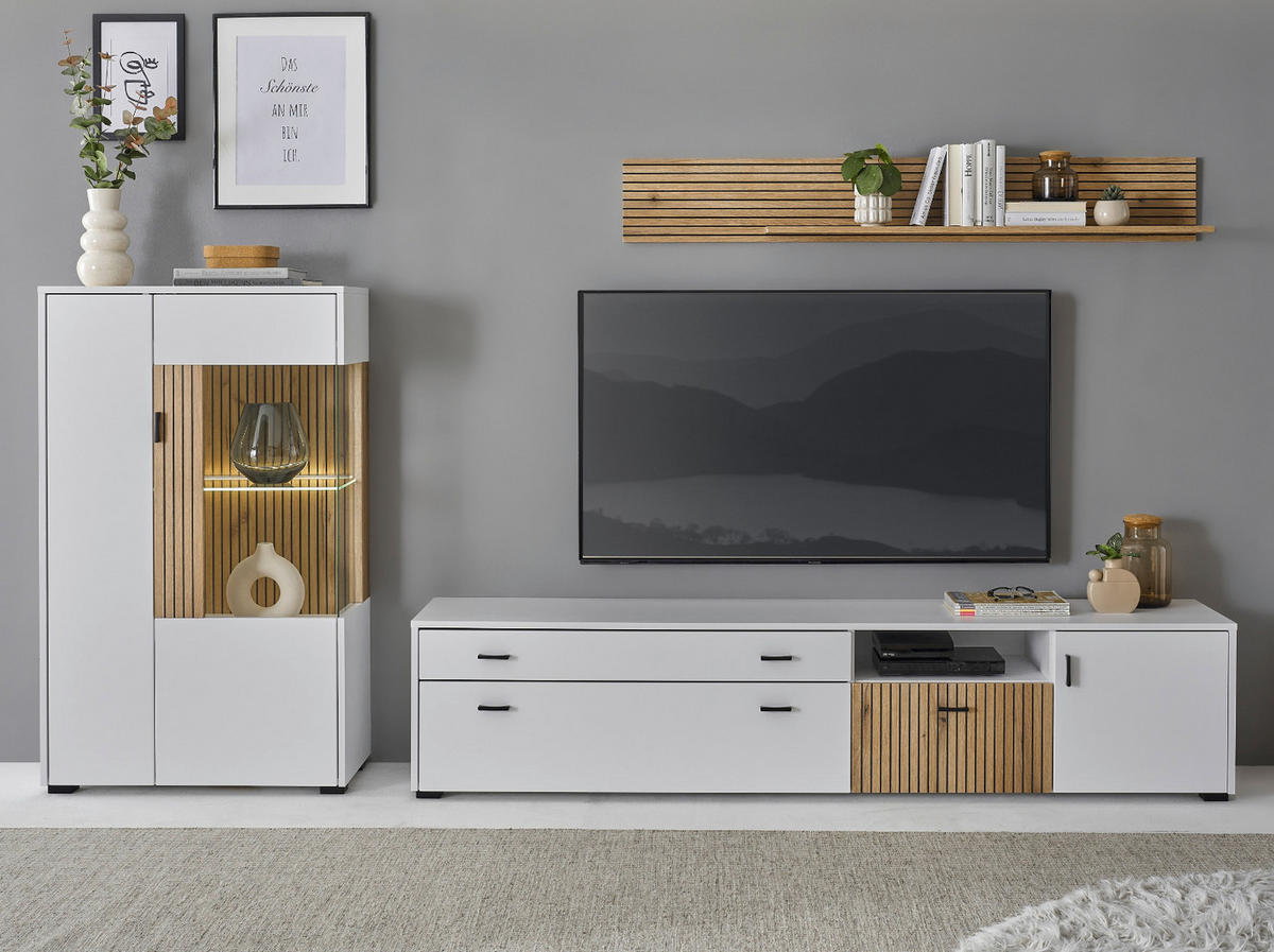 WOHNWAND 3-teilig weiß matt, Eiche 285 cm, Wohnkombination mit Soft-Close - Eichefarben/Schwarz, Glas/Holzwerkstoff (285/170/42cm) - Furn.Design