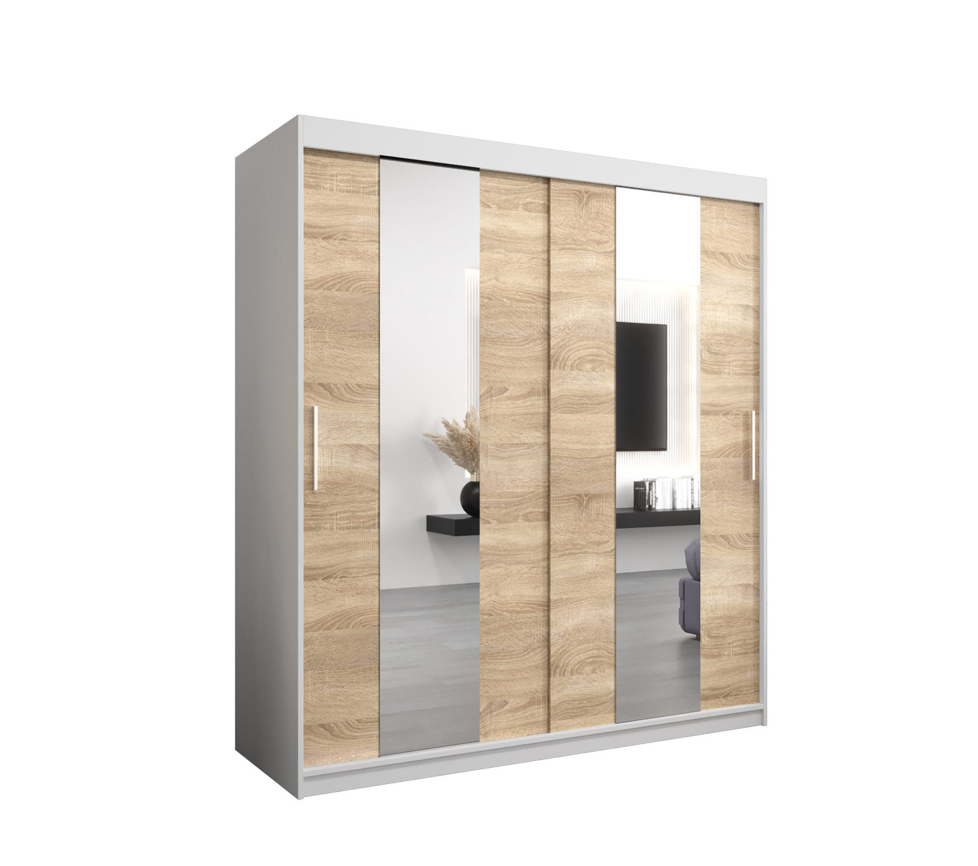 Abiks Möbel Schwebetürenschrank Weiß, Sonoma Eiche 180x200x62 cm