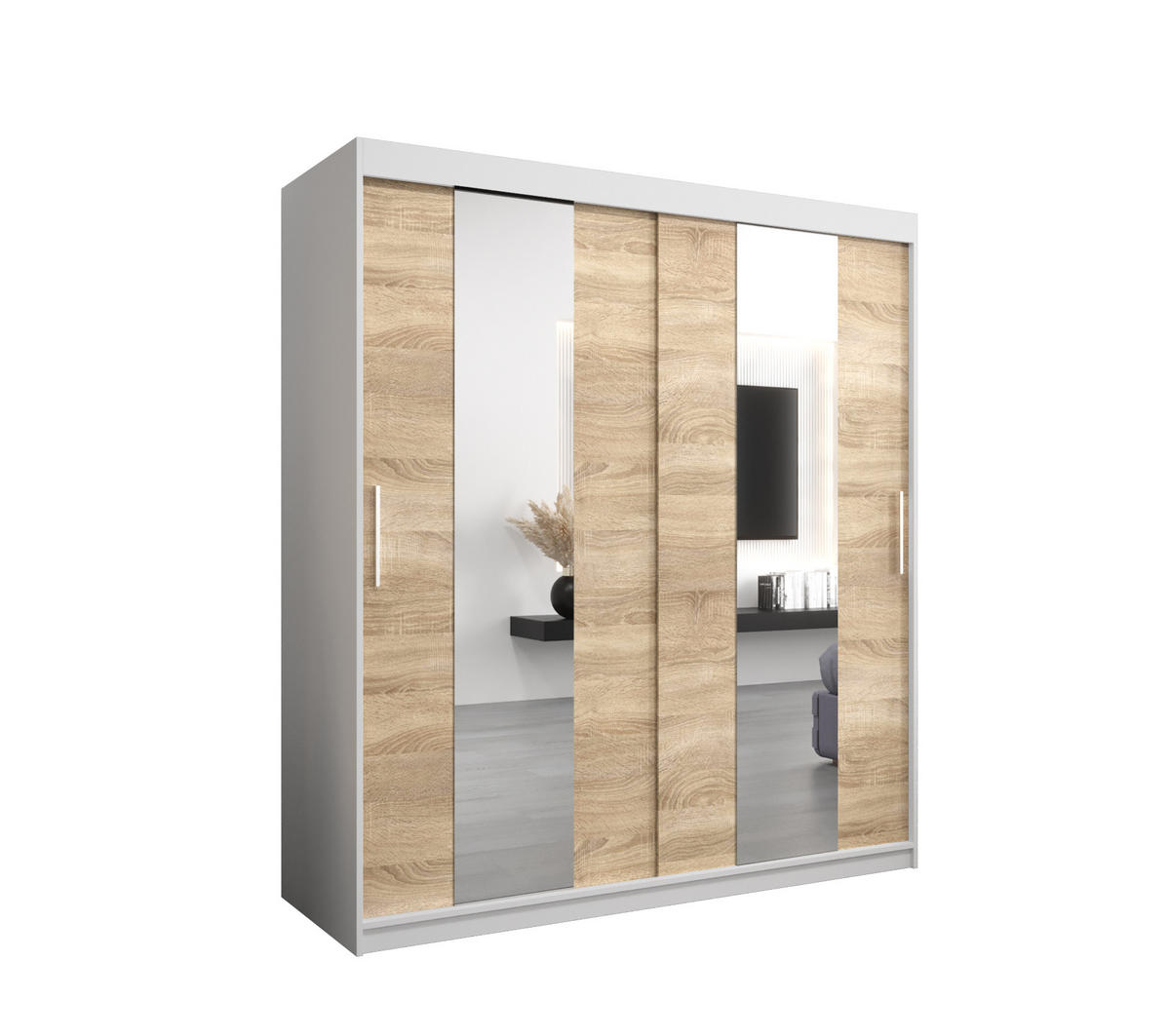 SCHWEBETÜRENSCHRANK 200/180/62 2-türig - Silberfarben/Weiß, Holz/Kunststoff (180/200/62cm) - Abiks Möbel