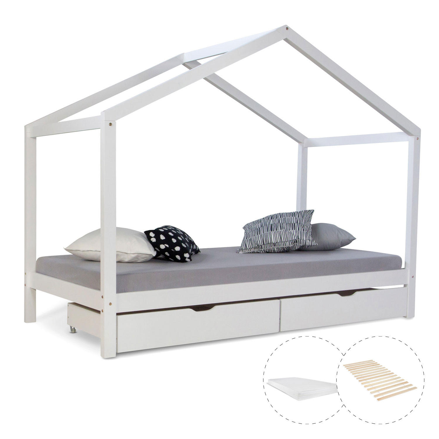 HAUSBETT mit Matratze mit Stauraum 90/200 cm Weiß - Weiß, Holz (208/160/96cm) - Homestyle4u