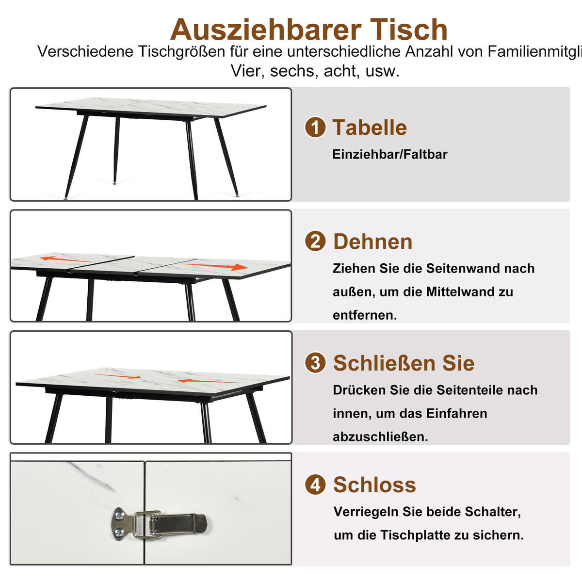 ESSTISCH Weiß Marmormuster rechteckig ausziehbar 120-160/80/75cm - Schwarz/Weiß, Holz/Metall (80/120/75cm) - Urban Meuble