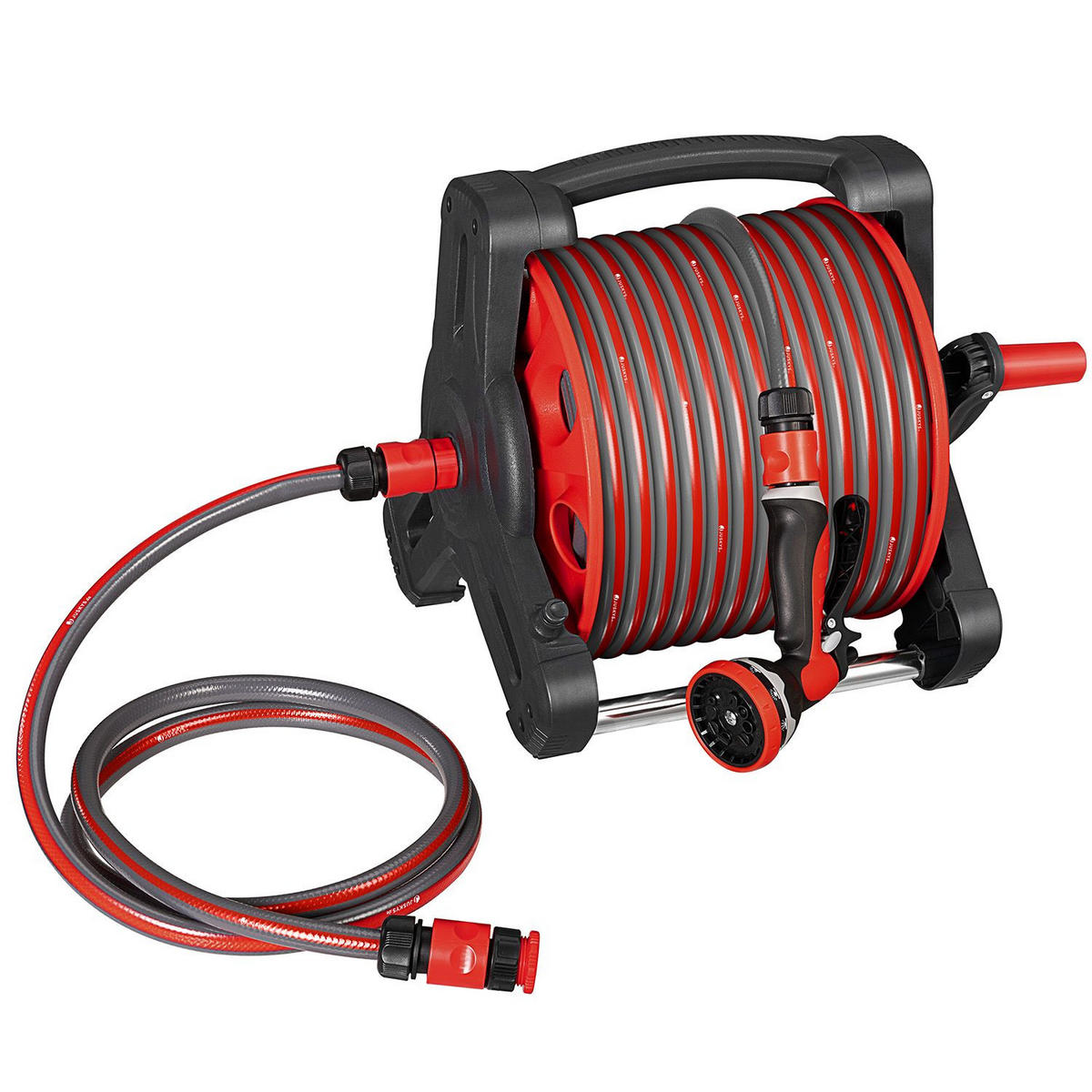 SCHLAUCHTROMMEL Basic rot / schwarz Wasserschlauch & Multifunktionshandbrause - Rot, Kunststoff (3000cm) - Juskys