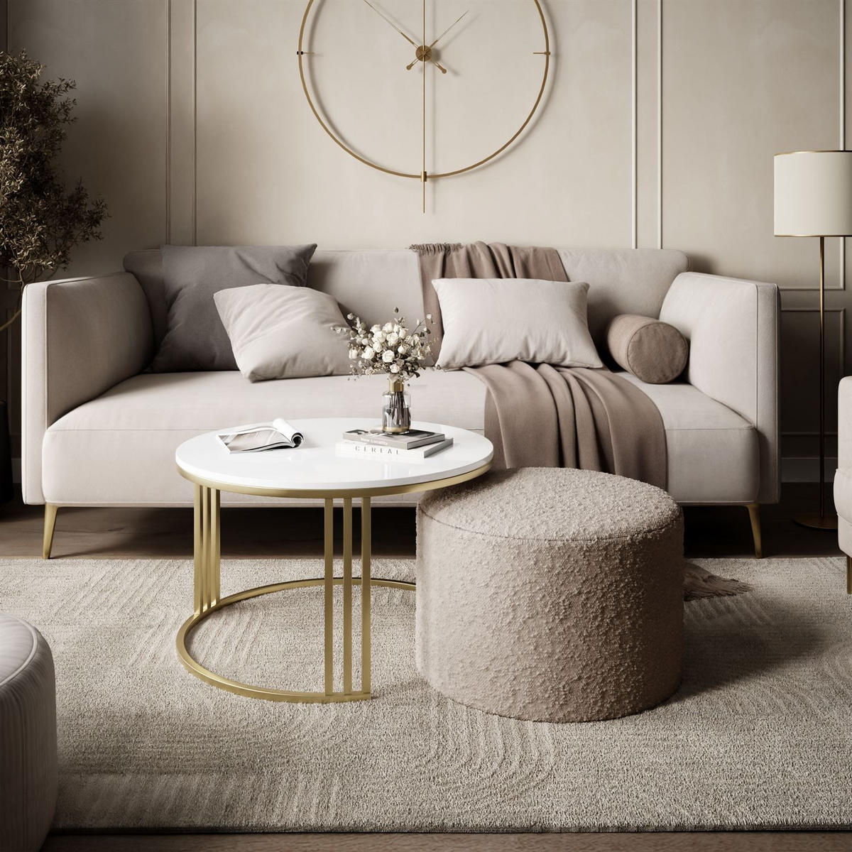 COUCHTISCH mit Hocker LORI Hochglanz gebürstetes Gold/weißer Glanz/Coral 50 - Weiß, Metall (70/70/49cm) - Lookway