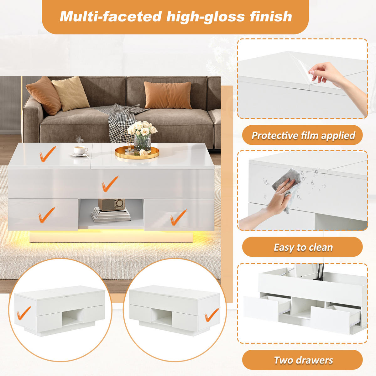 COUCHTISCH 100/45/43 cm Weiß aus Spanplatte mit LED und höhenverstellbarer Tischplatte - Weiß, Holzwerkstoff (100/45/43cm) - OKMYHOME