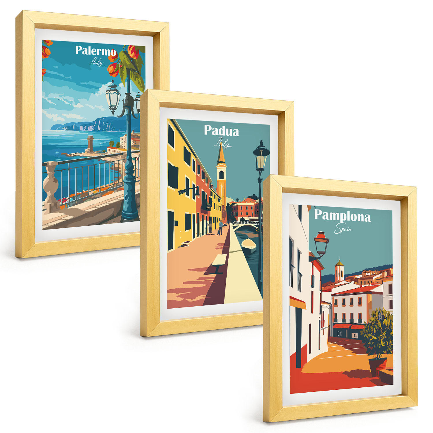 BILDER SET 3er Set - 20x30 cm Goldrahmen - Retro-Stadtillustrationen - Goldfarben, Kunststoff (20/30cm) - TULUP