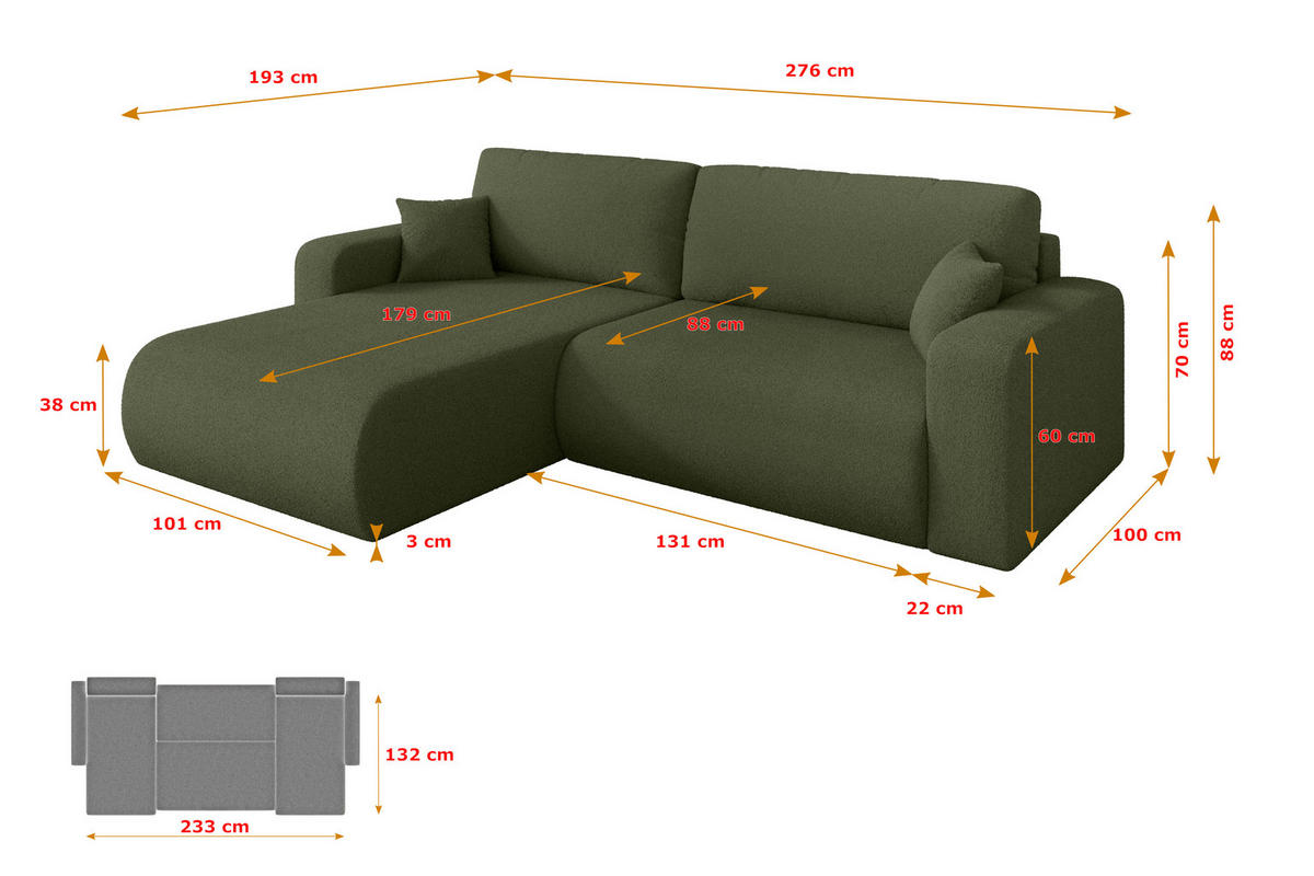 ROHOVÁ SEDAČKA s funkcí spaní, otoman vlevo BERY-L 276x193x88 zelená bouclé - černá/zelená barva, kompozitní dřevo/textil (276/193cm) - ALTDECOR