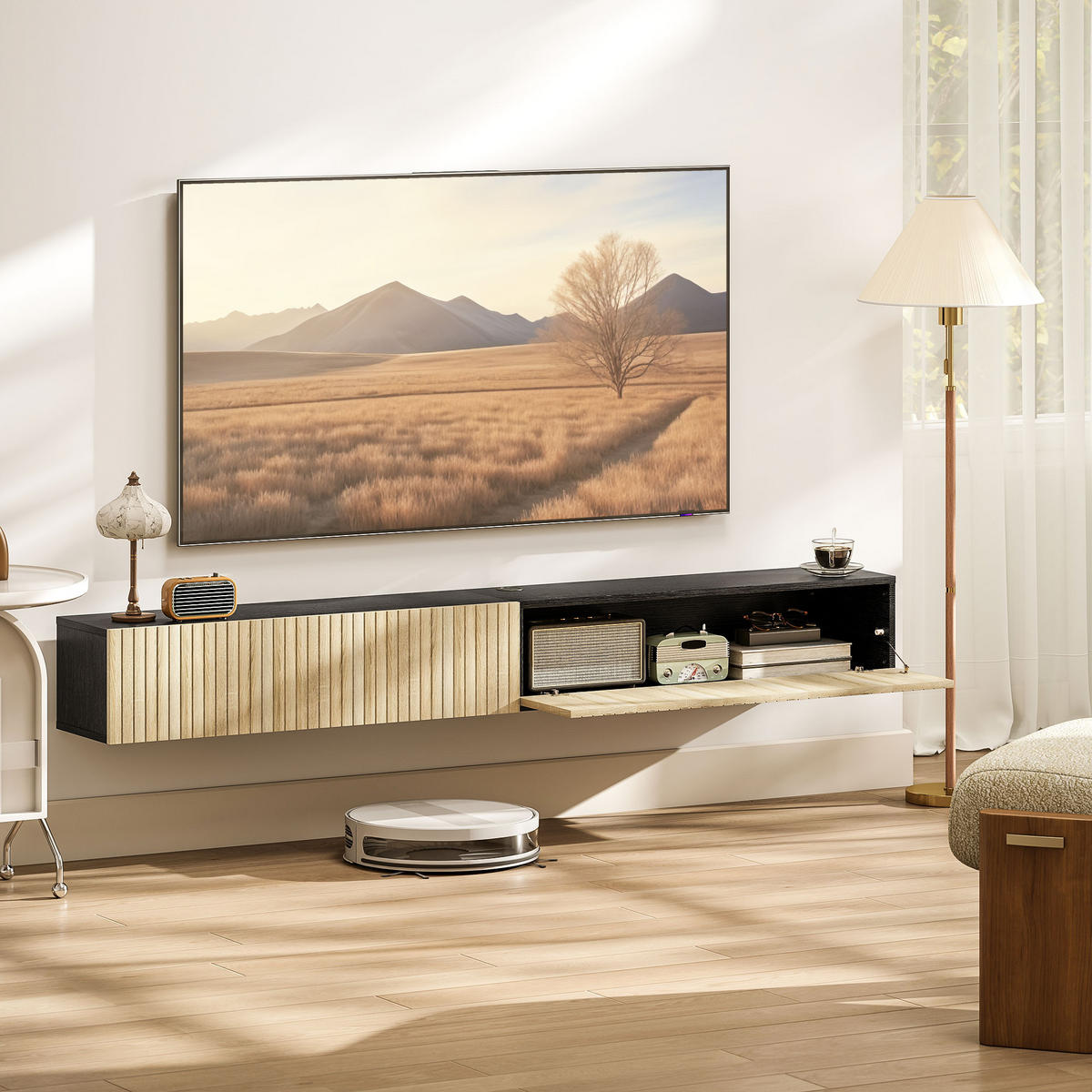 TV-BOARD Naturfarben/Schwarz 140/25/22 cm, Wandmontage, 2 Klappen, Grifflos - Naturfarben, Holzwerkstoff (140/22/25cm) - PANGIVO