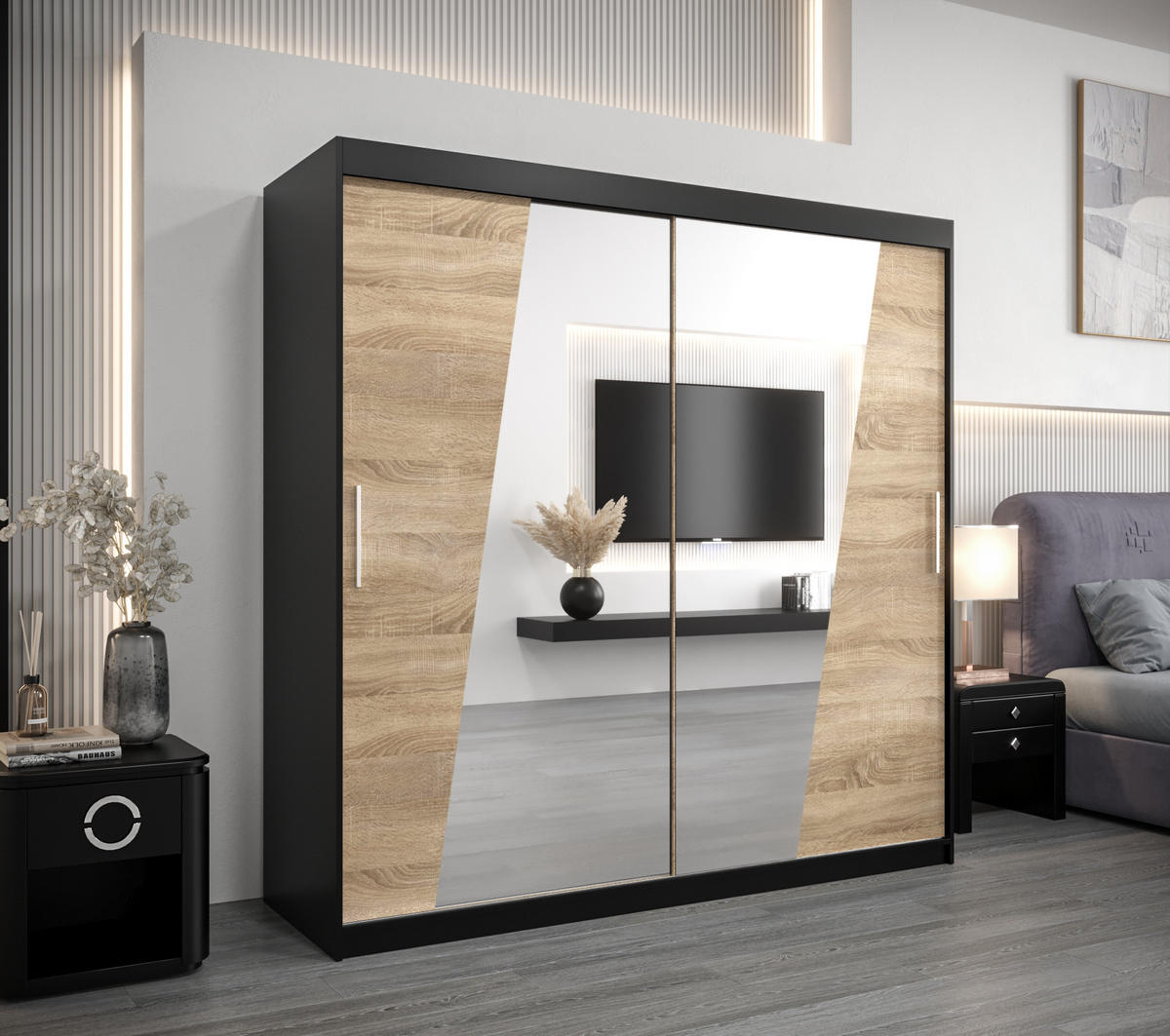 SCHWEBETÜRENSCHRANK 200/200/62 2-türig - Silberfarben/Schwarz, Holz/Kunststoff (200/200/62cm) - Abiks Möbel