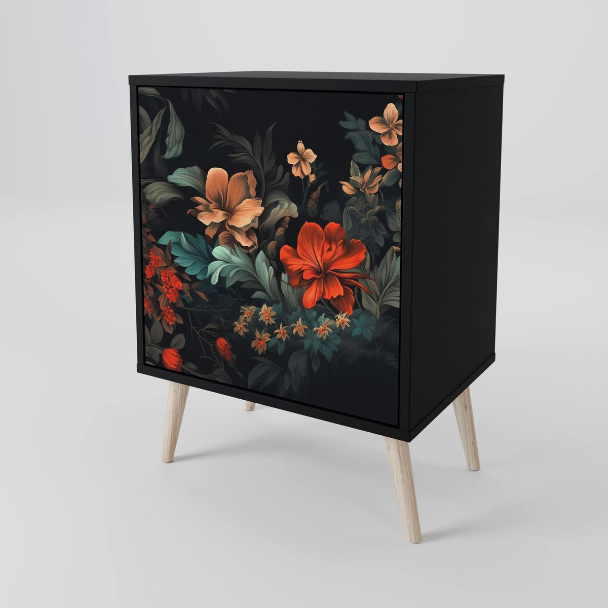 SIDEBOARD IMAGINARY BLOSSOM, Schwarz, 57,5x42x67,5 cm, Schwarze Metall-Rahmenfüße - Multicolor/Schwarz, Holzwerkstoff/Metall (57.5/67.5/42cm) - SpaceRebels