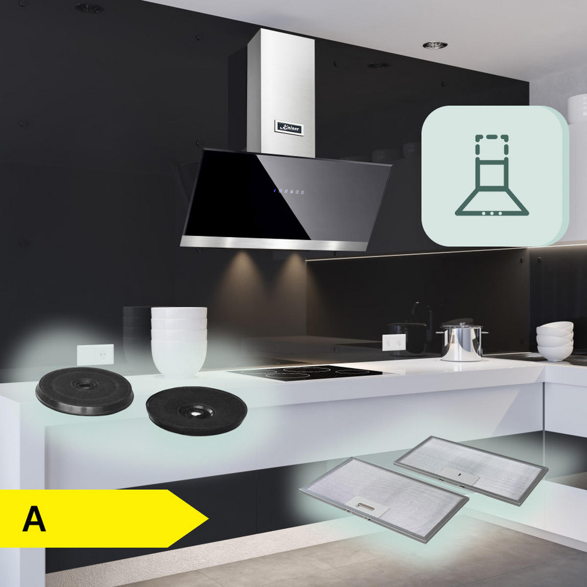 DUNSTABZUGSHAUBE AT 9440 Eco 90 cm Schwarz - Schwarz, Glas/Metall (90/78/40.8cm) - Kaiser Küchengeräte