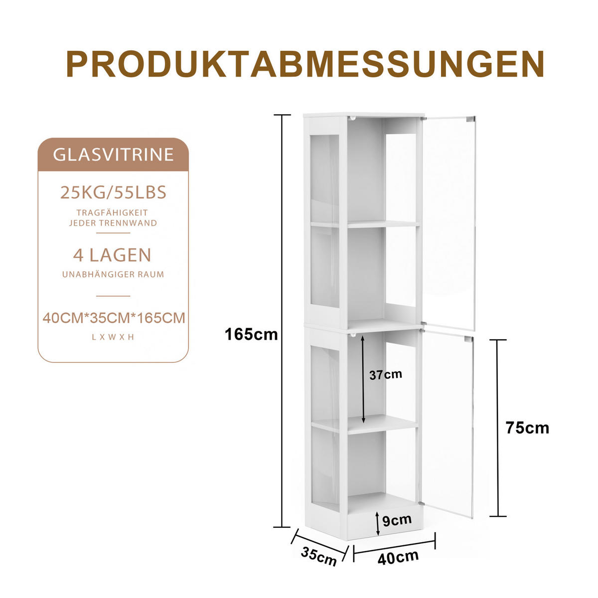 VITRINENSCHRANK 40/35/165 cm,Glasvitrine mit LED Beleuchtung und Ladestation Weiß - Weiß, Glas (40/165/30cm) - PARAFTA HOME