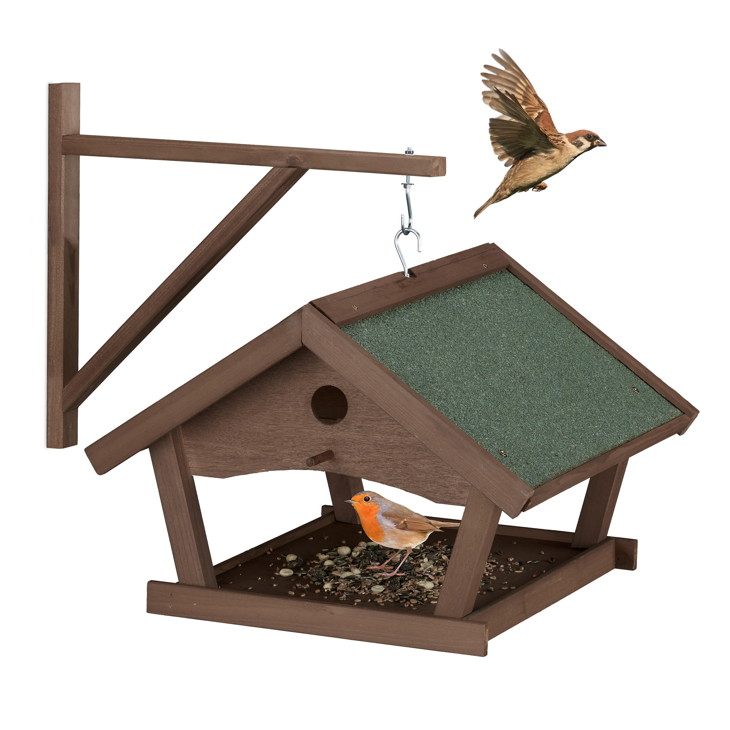 VOGELFUTTERHAUS - Dunkelbraun, Holz/Metall (42.5/35/40.5cm) - Relaxdays