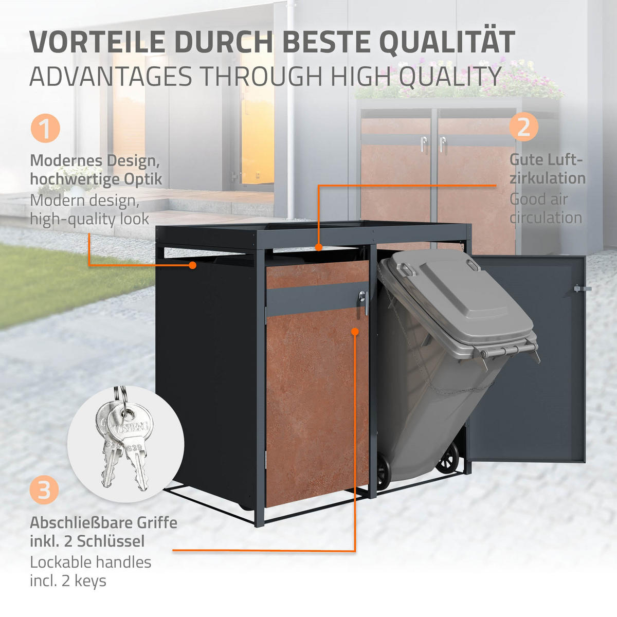 MÜLLTONNENBOX 4er mit Pflanzdach Anthrazit-Rostoptik - Rotbraun, Metall (80/124/264cm) - ML-DESIGN