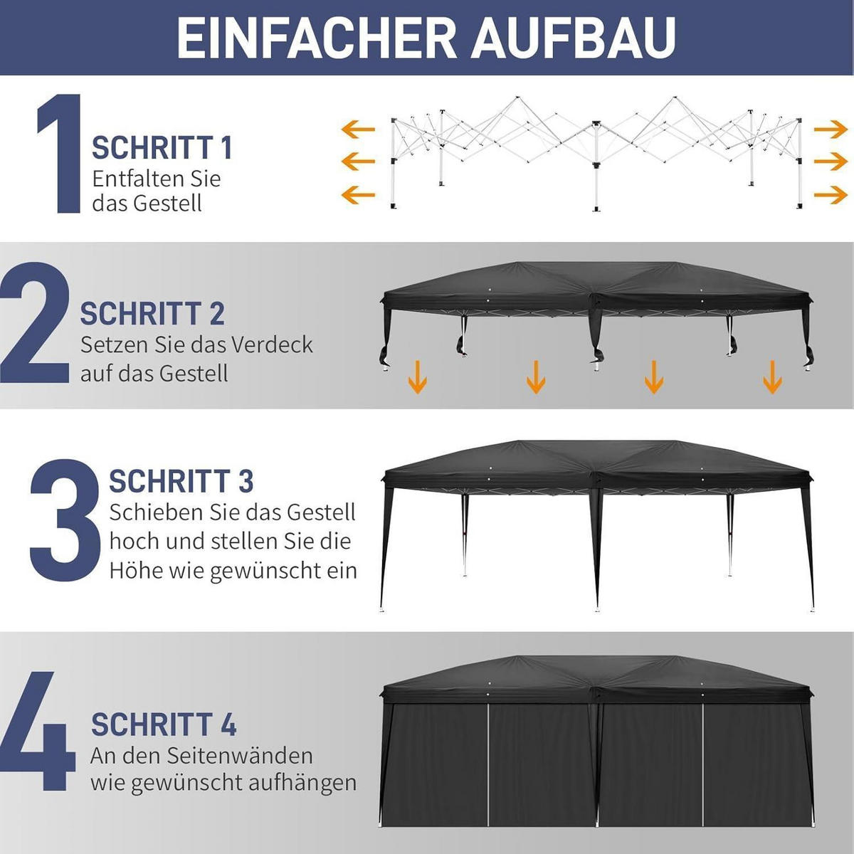 FALTPAVILLON 3 x 6 m Schwarz mit 6 Seitenteilen Wasserdicht UV-Schutz 50+ - Schwarz, Textil (300/255/600cm)