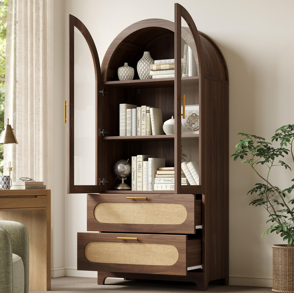 VITRINE mit Glastüren 80 x 40 x 175 cm Holzoptik 2 Schubladen - Braun, Holzwerkstoff (40/175/80cm) - Meubliv