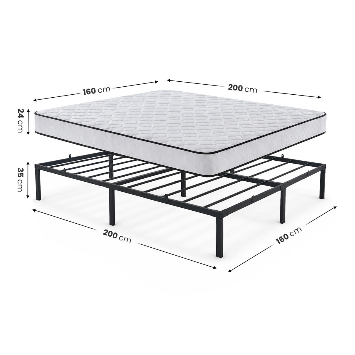 METALLBETT Klappbares mit Matratze 160x200 cm Schwarz - Schwarz, Metall - Akord