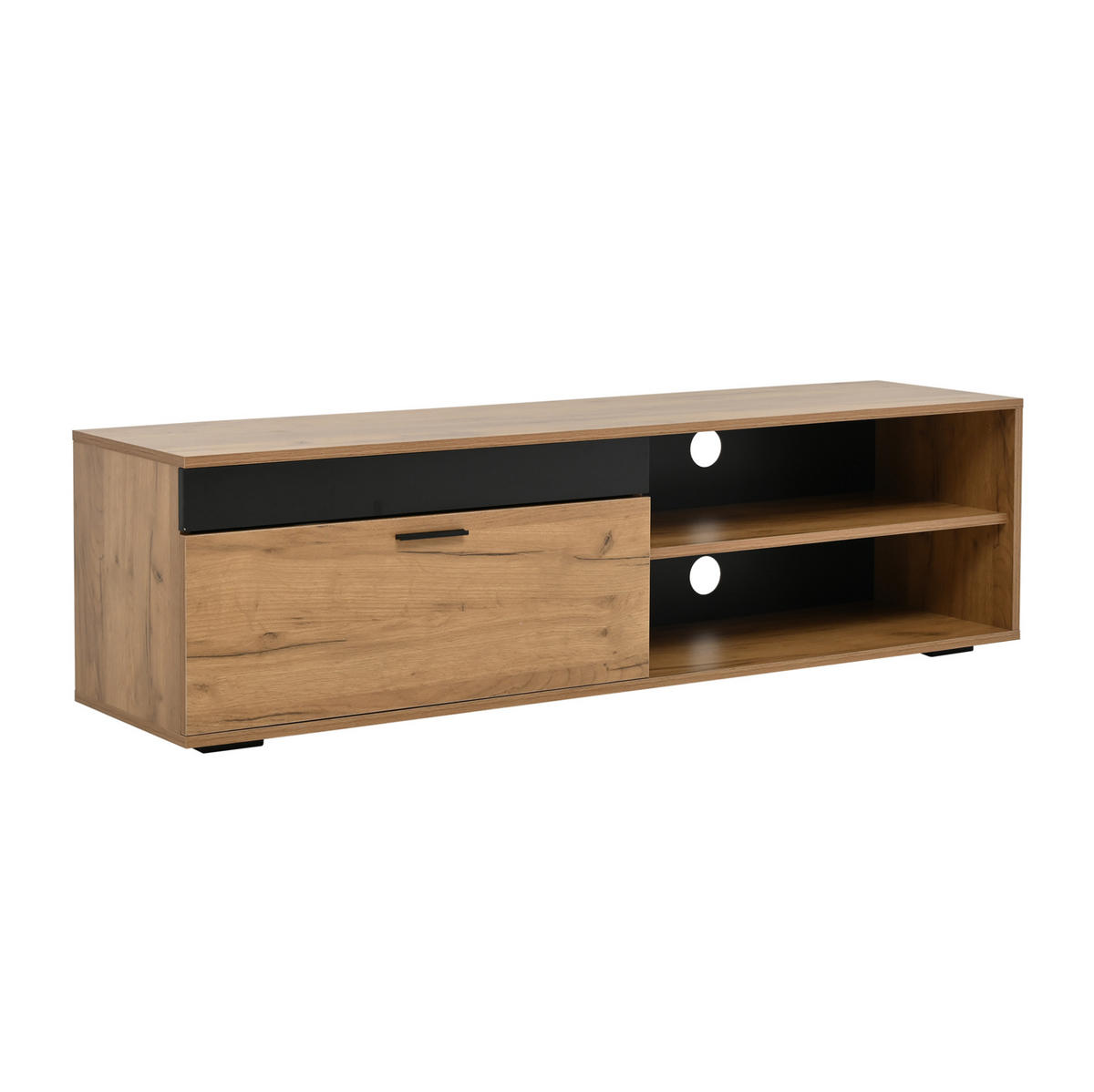 TV-MÖBEL-SET aus Spanplatte 140x35x39 cm Eichefarben/Schwarz mit Wandschrank und Wandregal, Soft-Close und Stauraum - Naturfarben, Holzwerkstoff (140/39/35cm) - Modfu