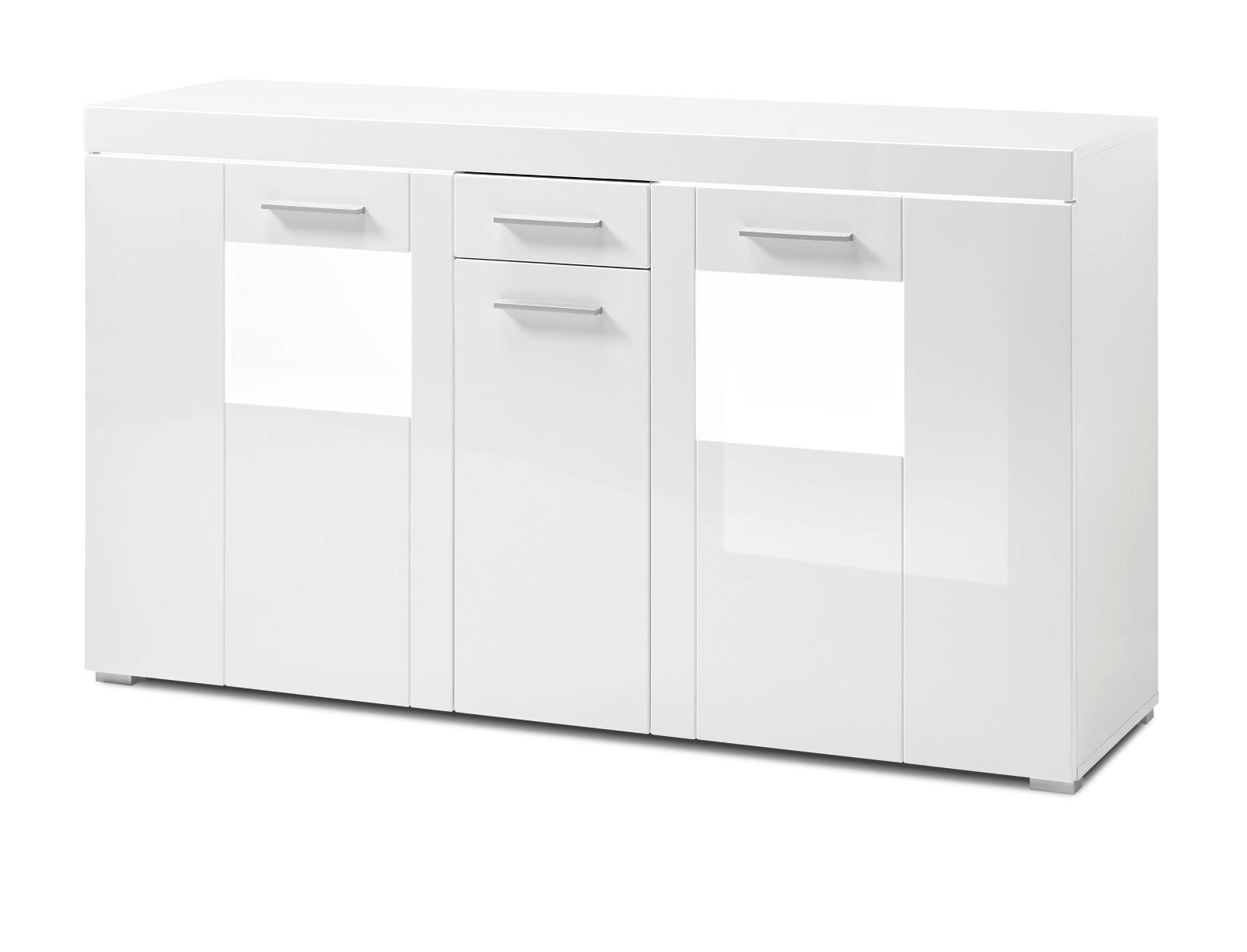 SIDEBOARD weiß Hochglanz 144 x 82 cm, Kommode 3-türig - Chromfarben/Weiß Hochglanz, Glas/Holzwerkstoff (144/82/40cm) - Furn.Design
