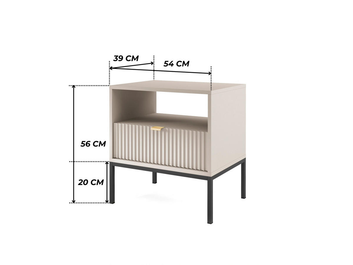 MODERNER Geriffelter Nachttisch KIOTO SN1SZ (Kaschmir, Schwarzes Gestell, Vollauszug) - Kaschmir/Goldfarben, Holz/Holzwerkstoff (54/56/39cm) - Ravio