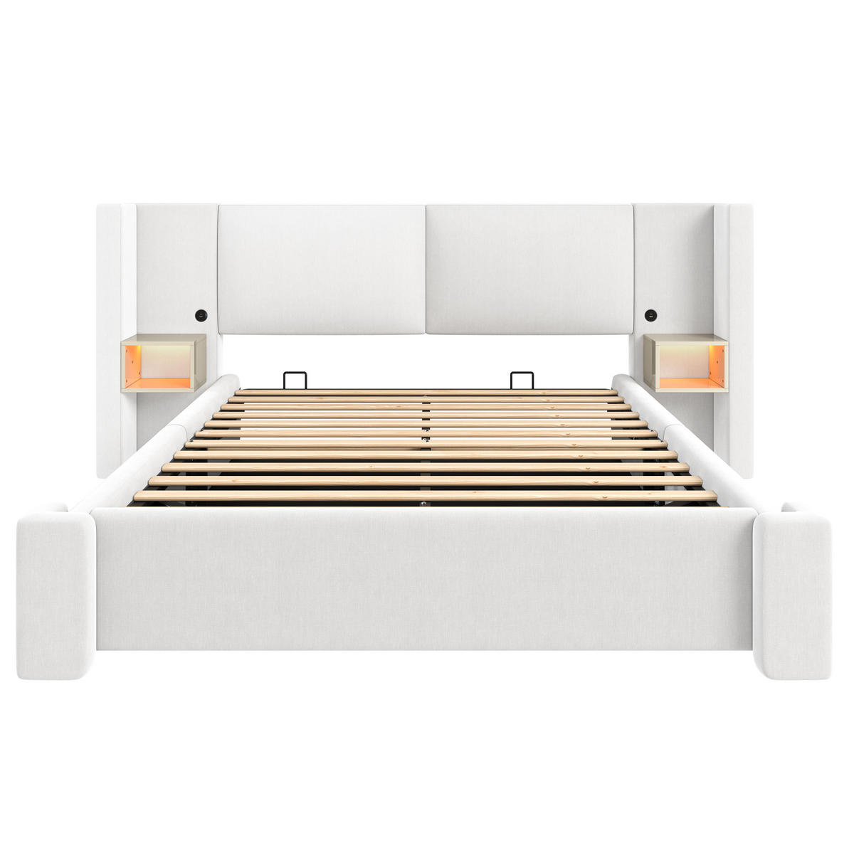 POLSTERBETT aus Leinen und MDF 180x200 cm Beige mit hydraulischem Bettkasten und LED-Nachttischen - Beige, Textil (180/200cm) - Modfu