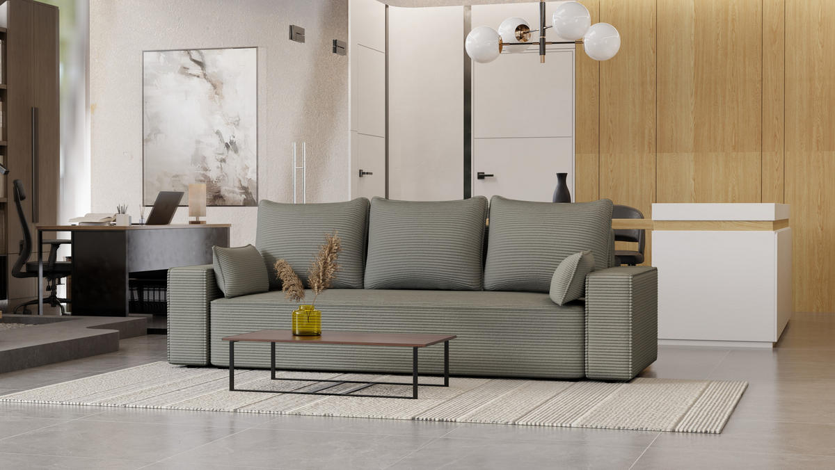 SOFA Vens mit Bettkasten und Schlaffunktion, Cordstoff - Grau, Holzwerkstoff (242/85/95cm)