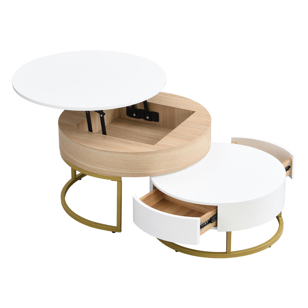 COUCHTISCH-SET 70/70/56 und 60/60/27 cm in Weiß mit Holzoptik, höhenverstellbar - Weiß, Holzwerkstoff (70/70/56.5cm) - Flora Grace