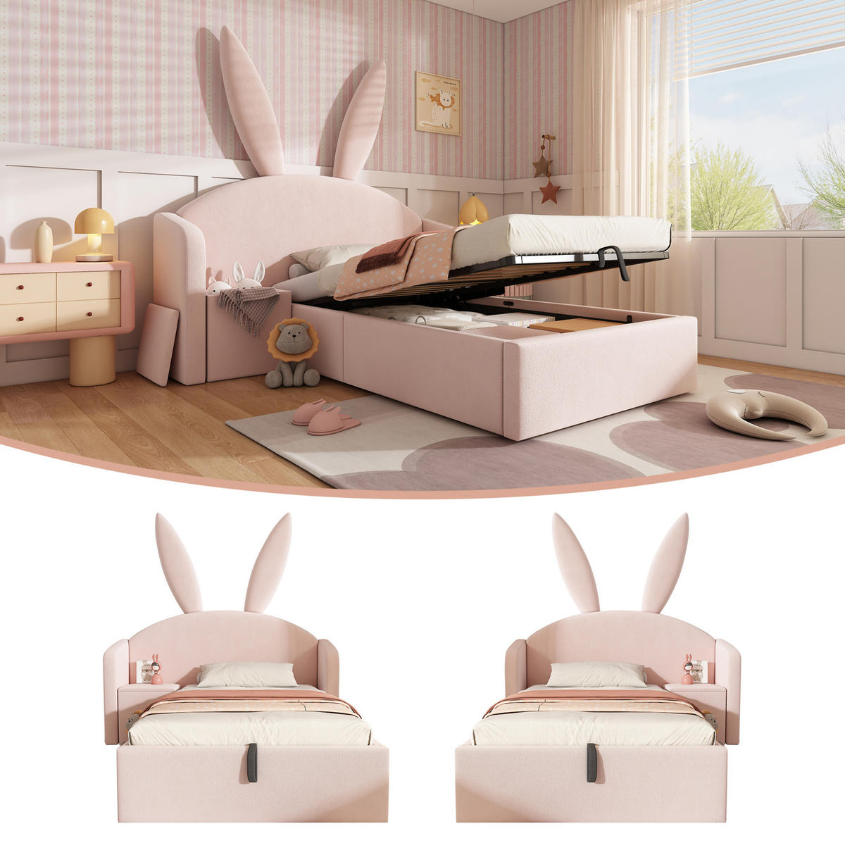 POLSTERBETT 90/200 cm Rosa aus Samt mit Nachttisch und Stauraum - Rosa, Textil (90/200cm) - OKMYHOME