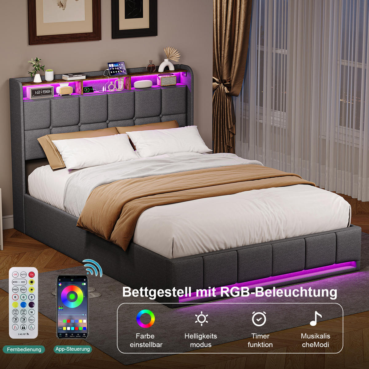 POLSTERBETT 160x200 cm Grau mit LED Beleuchtung, Kopfteil mit Stauraum und USB/Type-C, hydraulisches Stauraumbett - Grau, Metall (160/200cm) - EuroLiving