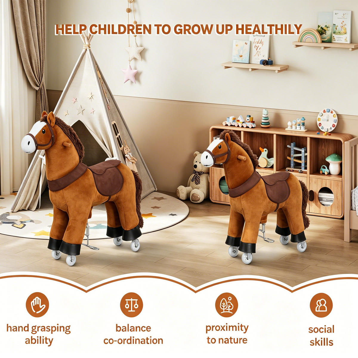 SCHAUKELPFERD Kinder – mit Sound und Rollen - Braun, Holz (30/77/80cm) - Auledio