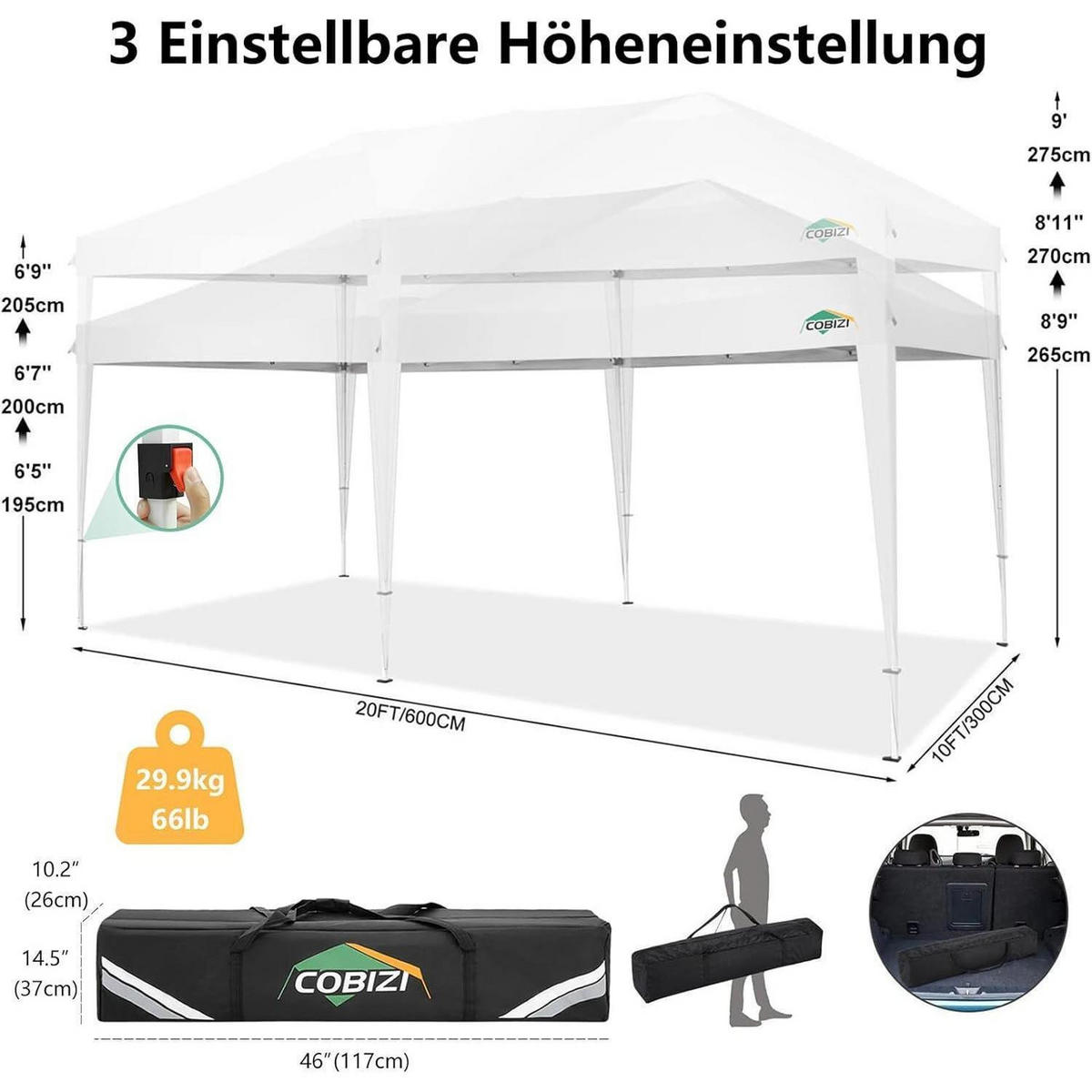 FALTPAVILLON 3x6m Weiß mit 6 Seitenwänden - Weiß, Textil (300/275/600cm)