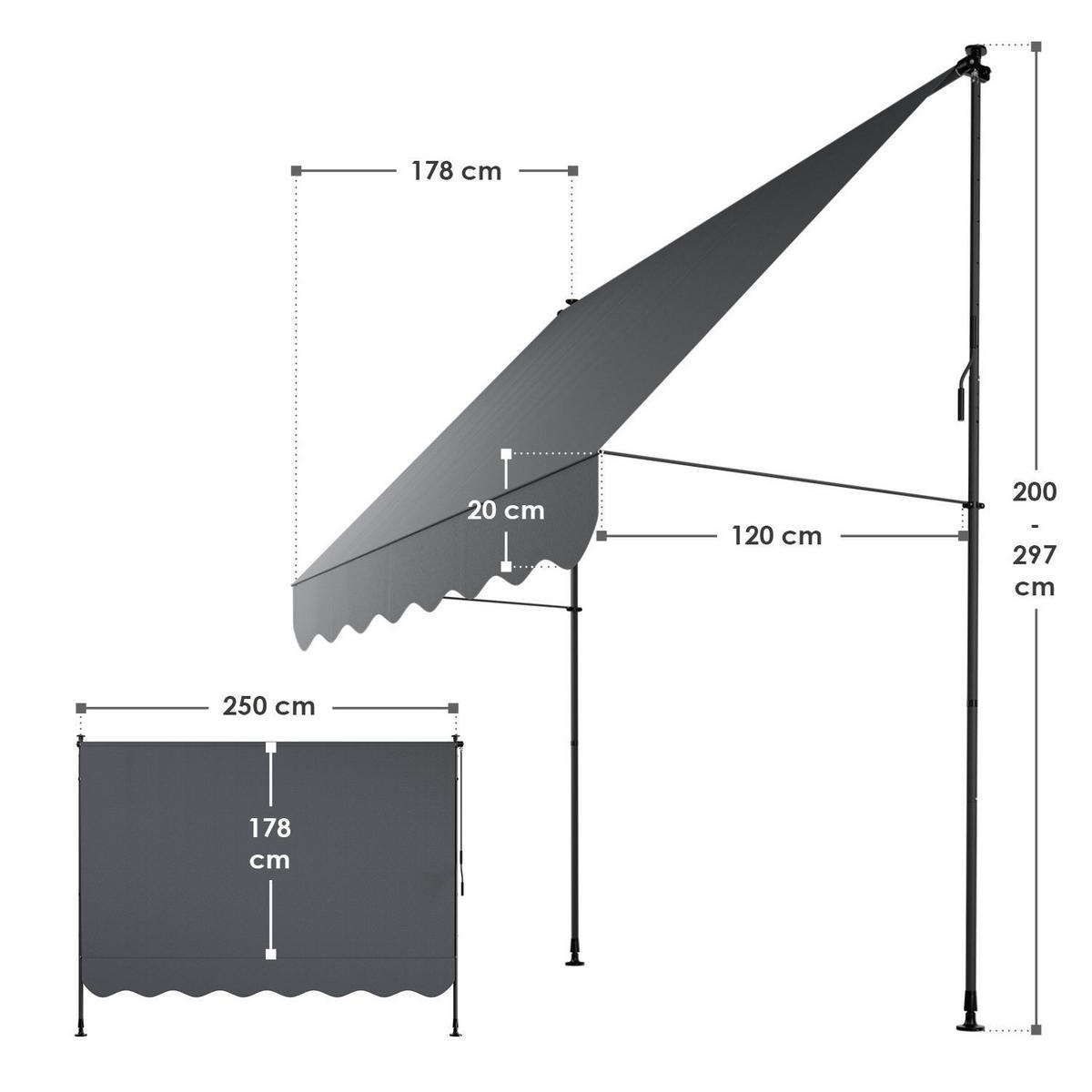 KLEMMMARKISE Kapstadt grau 250x120 cm - Grau, Textil (250/200/120cm) - Juskys