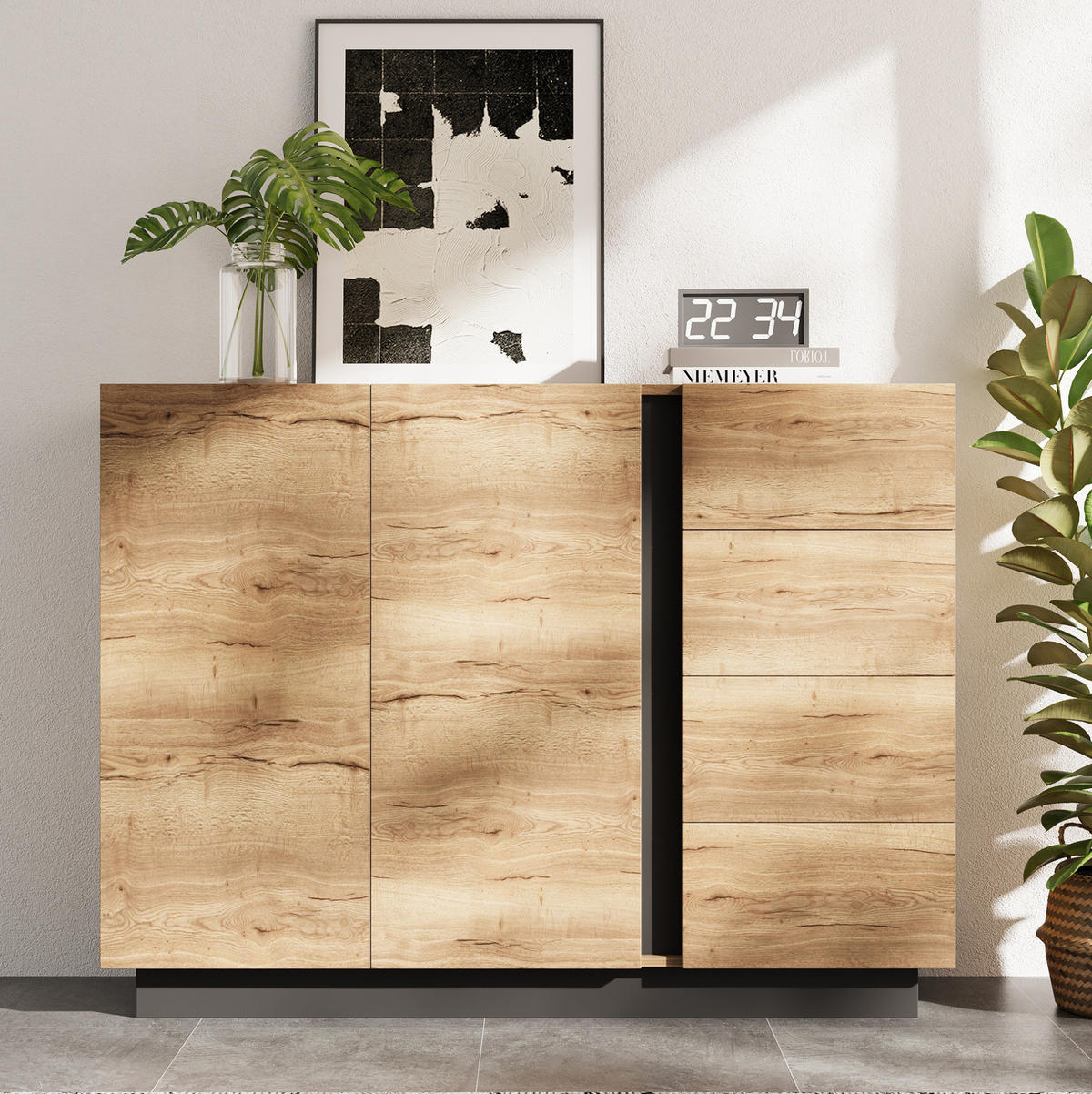 SIDEBOARD 120/35,5/90,5 cm aus Spanplatte mit 4 Schubladen und 2 Türen Schwarz/Natur - Naturfarben, Holzwerkstoff (120/90.5/35.5cm) - Modenvie