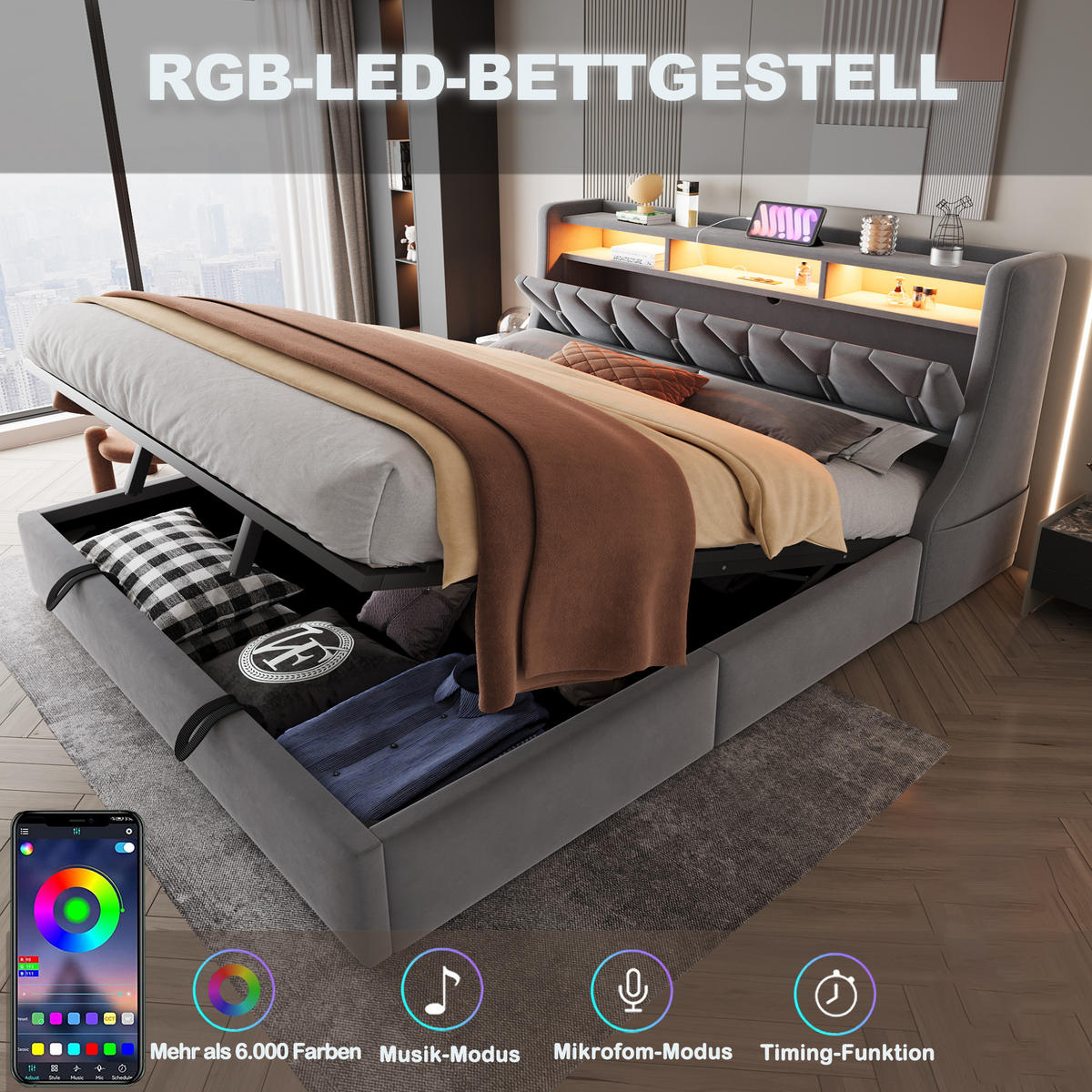 POLSTERBETT 180/200 cm Grau mit Stauraum LED-Beleuchtung und USB- und Type-C-Anschlüssen Samt - Grau, Textil (180/200cm) - OKWISH