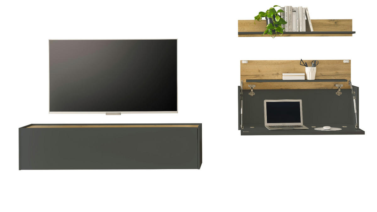 WOHNWAND grau matt, Eiche Wotan 270 cm, Wohnkombination hängend mit Sekretär - Eiche Wotan/Grau, Holzwerkstoff/Metall (270/170/30cm) - Furn.Design