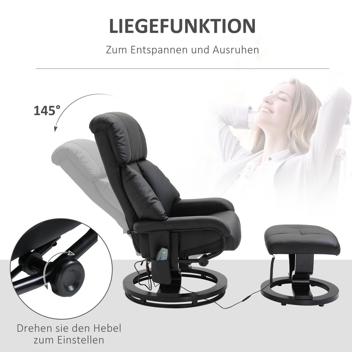 MASSAGESESSEL mit Fußhocker, Relaxsessel, Elektrischer Fernsehsessel, Kunstleder - Schwarz, Leder (80/102/76cm) - HOMCOM