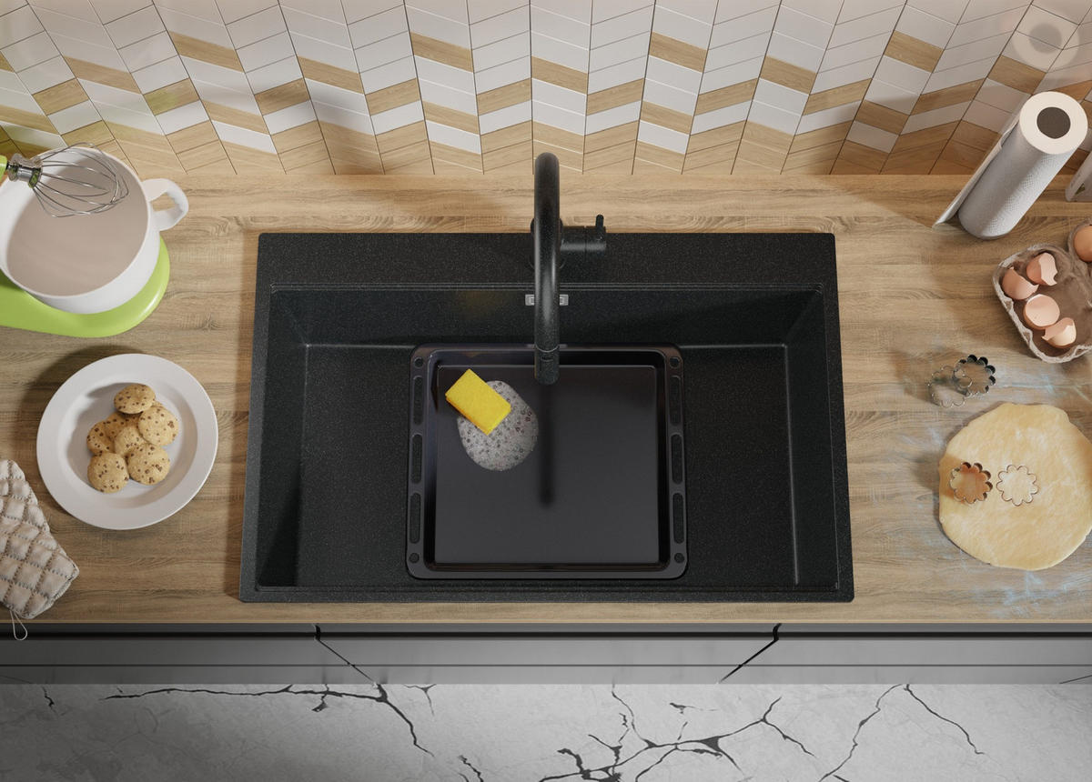 SPÜLBECKEN Oslo, 2-er set Anthrazit 78/50 cm 1 Becken + Ablauf-Set + Schneidebrett ab 80er Unterschrank - Chromfarben/Anthrazit, Kunststoff (78/20/50cm) - Primagran