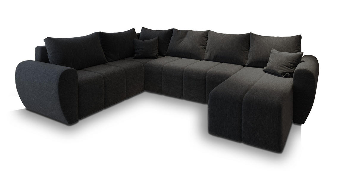 WOHNLANDSCHAFT MADISON XL L-S Schwarz Dünner Stoff mit Schlaffunktion - Schwarz, Holz (303/82/208cm) - MASSENO