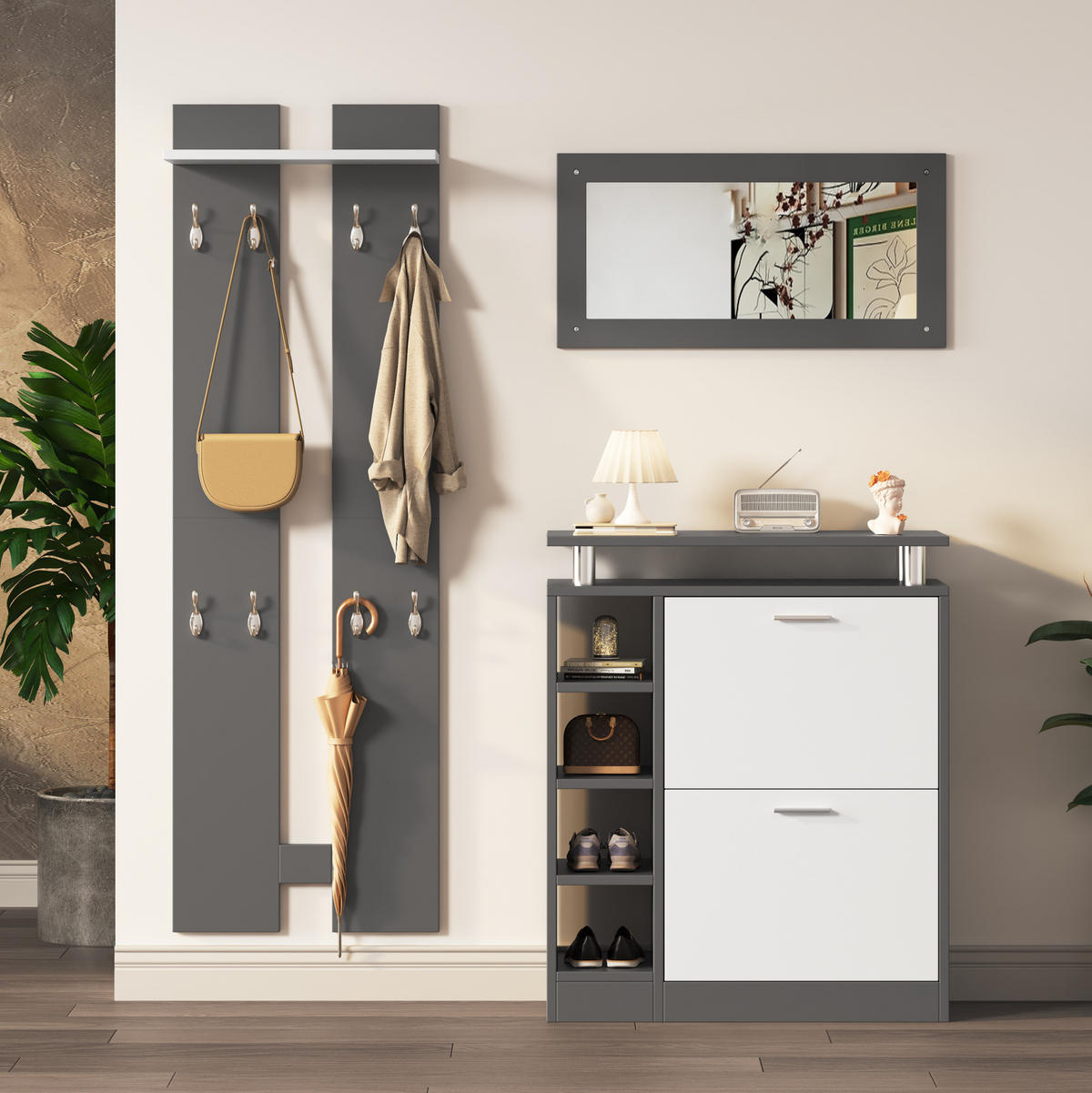 WANDGARDEROBE 80/25/96,5 cm mit 8 Haken, Spiegel und Schuhschrank in Grau/Weiß - Weiß, Holzwerkstoff (80/96/25cm) - BEAOK