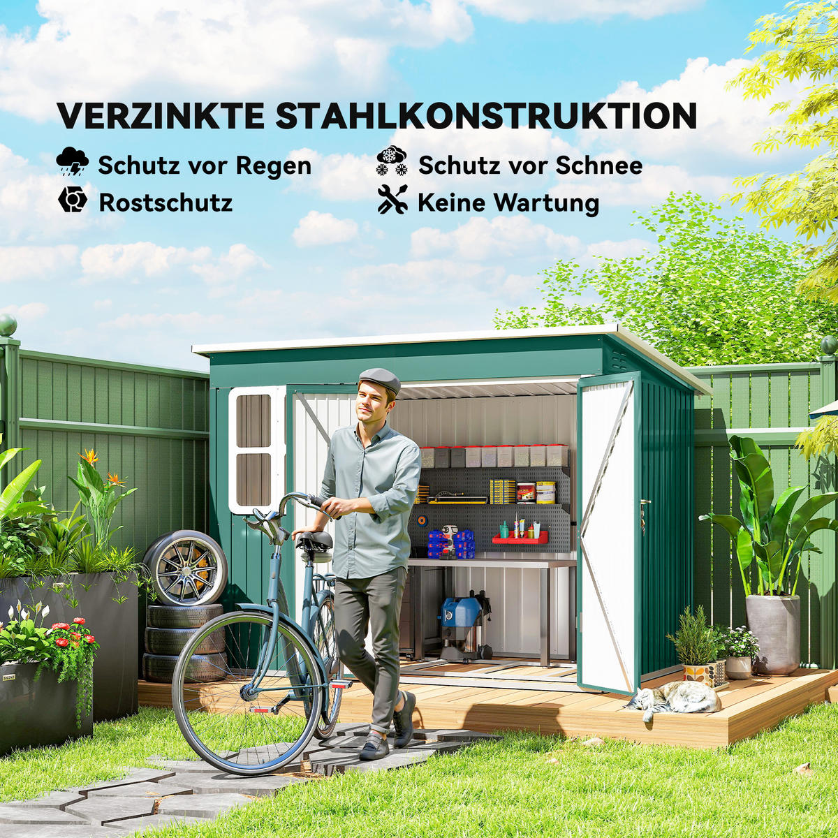 METALL Gerätehaus 4,13 m² Geräteschuppen mit Fenster Pultdach Abschließbar - Grün, Metall (177/190/260cm) - Outsunny