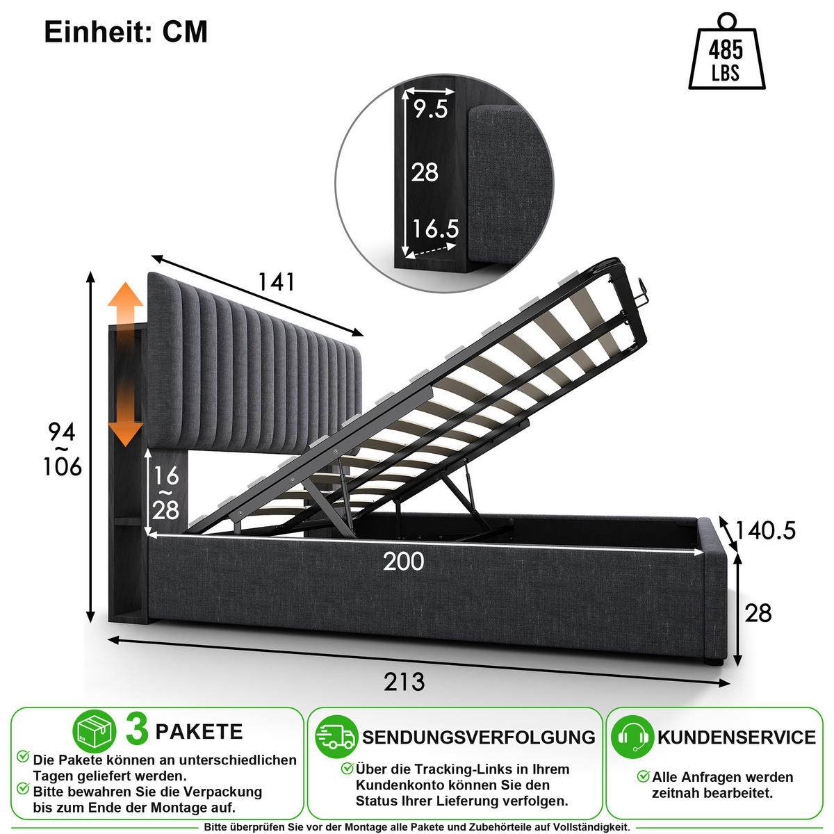 POLSTERBETT 140/200 cm in Grau Leinen mit Stauraum, LED, USB und Matratze - Grau, Holzwerkstoff/Textil (140/200cm) - CHICFURN