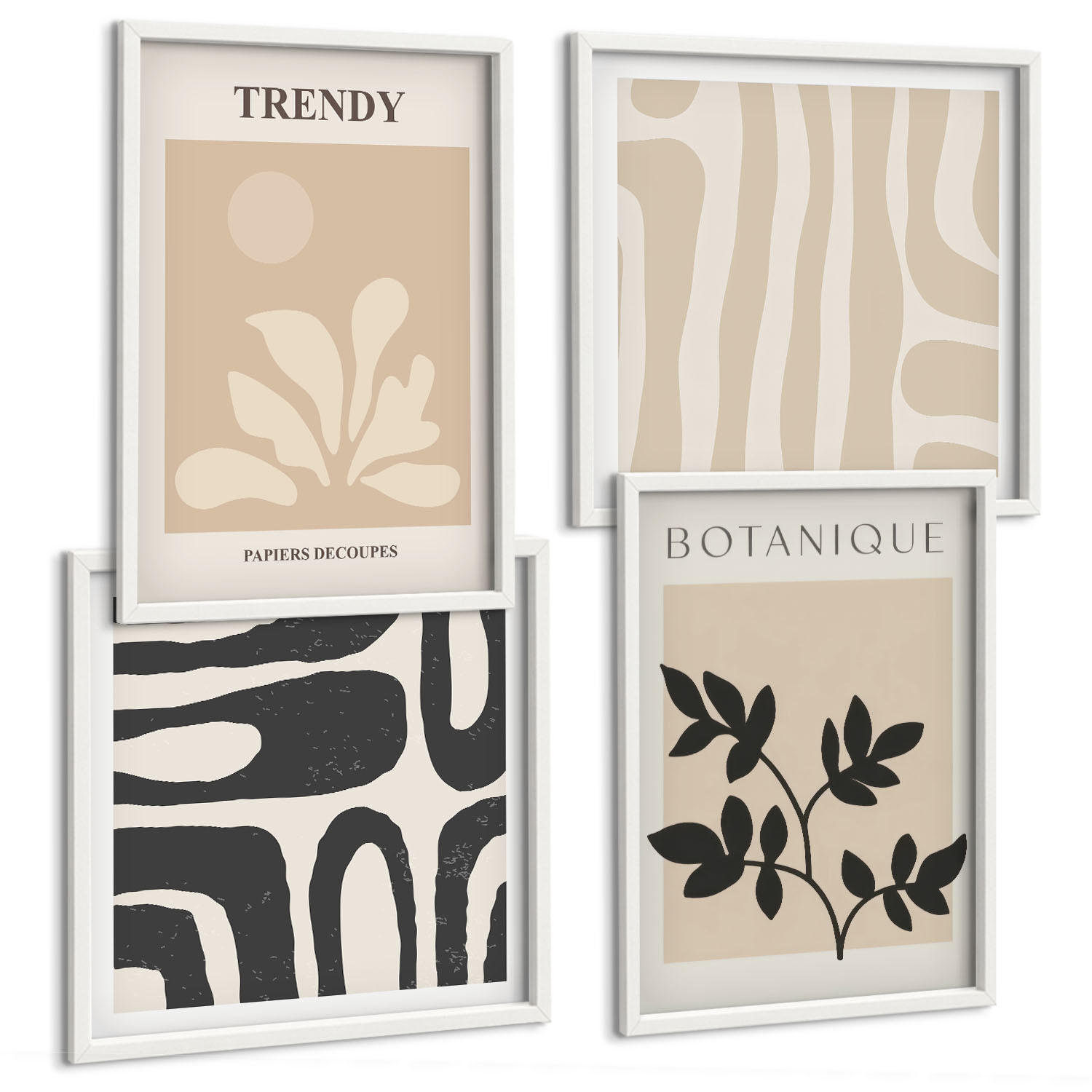BILDER SET 4er Set - 50x50 cm & 40x60 cm Weißer Rahmen - Stilvolle Pflanzenmuster in Beige und Schwarz - Weiß, Kunststoff (50/50cm) - TULUP